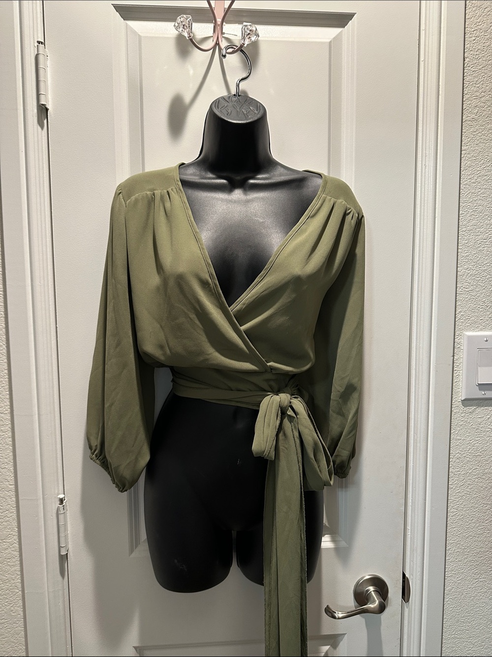 New York & Company Olive Wrap Tie-Belt Balloon Sleeve Top